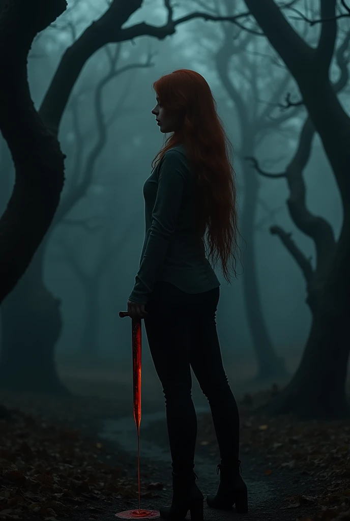 the shadow of a 20 year old girl, redhead, wearing modern clothes in neutral colors, with a dagger in his hand, There is red paint melting on the dagger, She is in the middle of the dark forest