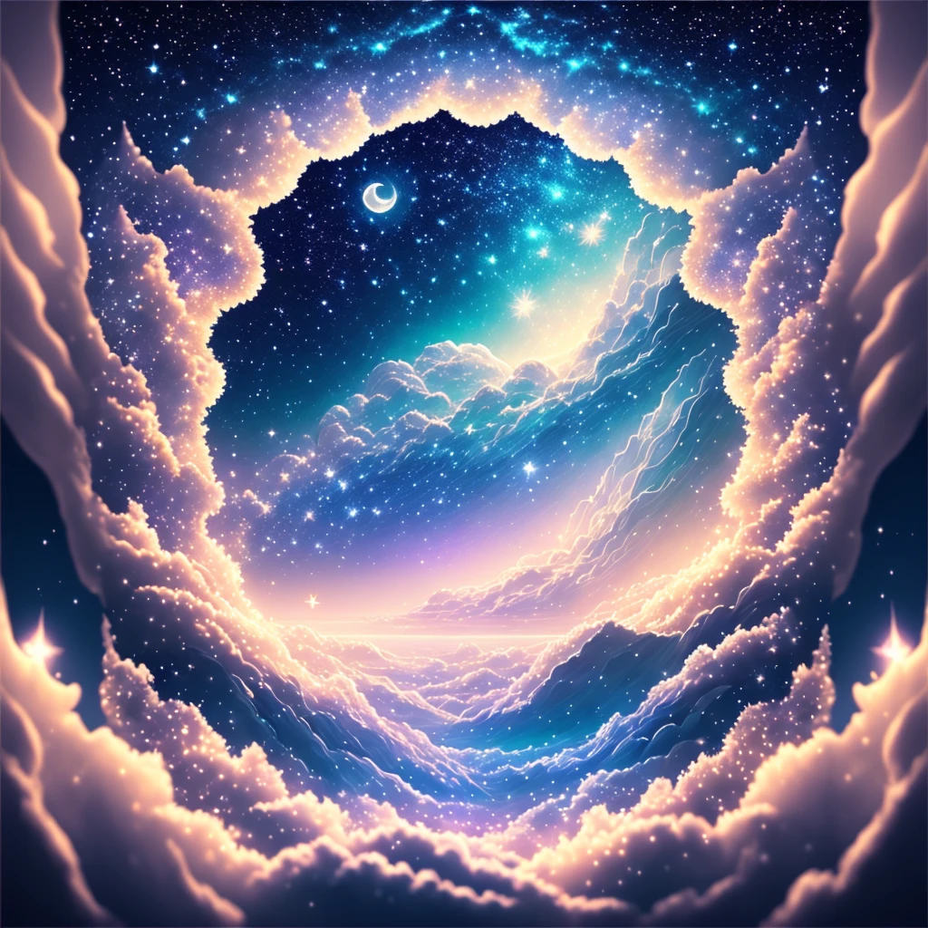 a serene starry night sky, floating wispy clouds, a bright full moon, a sea of stars, pastel colors, a calm and tranquil atmosphere, luminous echoes, a celestial landscape, floating in space, gentle waves, dreamy ambiance, 8k, high quality, hyperrealistic, intricate details, award winning digital art, stunning colors, dramatic lighting, volumetric fog, cinematic composition, photorealistic, fantasy, ethereal, mystical