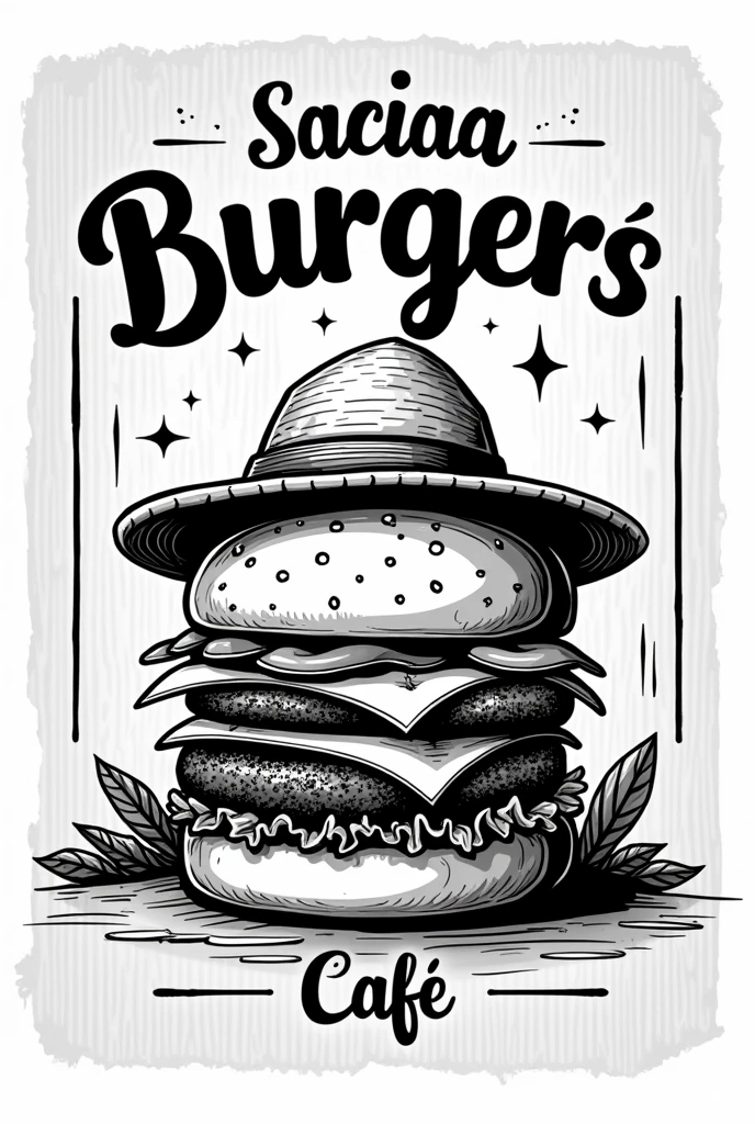 create rustic black and white burger shop logo with name in Portuguese br straw hats 