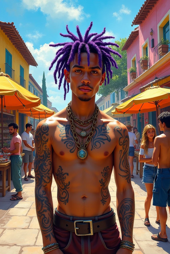 A trapper with small purple dred, shirtless with tattoos, it's stylish, at 22 years old without a beard, the United States singing, in town, do everything, including the trapper in the style of van gogue expressionist style Do EVERYTHING in the style of van gogue painting everything