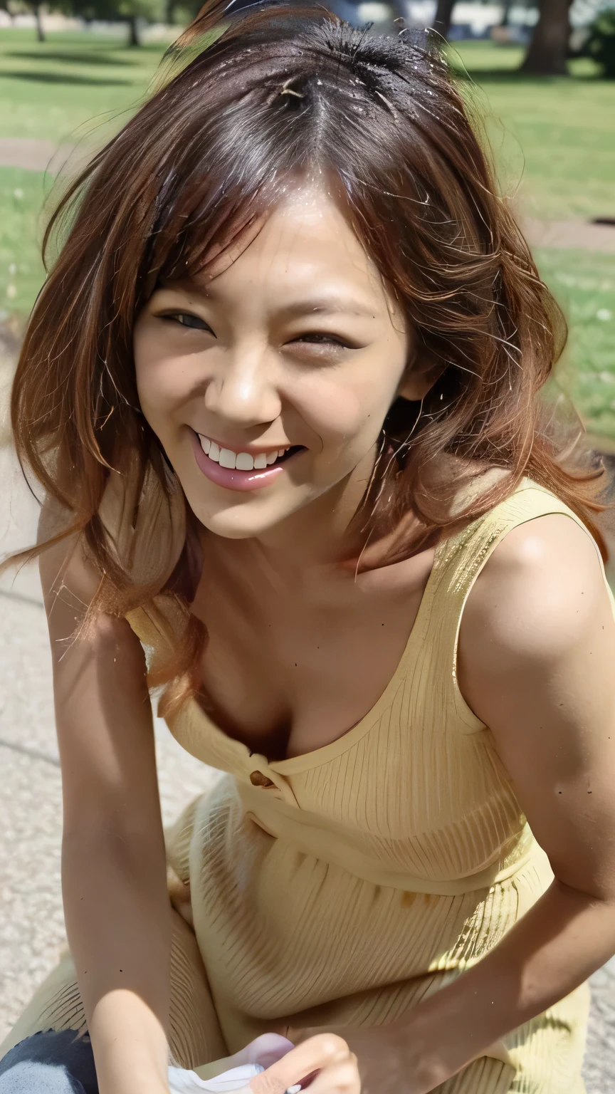 A gal bending over to pick up something from a park in Tokyo.、Black gal:1.3、the wind is strong、(Realistic、Like a photograph、Live Action、8k, Realistic, RAW Photos, Best image quality: 1.4), Single-lens reflex camera、RAW Photos, Highest quality, Realistic, Highly detailed CG Unity 8k wallpaper, Written boundary depth, Cinematic Light, Lens flare, Ray Tracing, Realistic background、((Black tight long dress:1.4、Maxi-length dress)、Cleavage:1.3、(Squint your eyes and laugh、smile:1.3))、((Golden inner color hair:1.1))、cute japanese gal、((whole body:1.5))、(Long Hair:1.2、My hair is blowing in the wind:1.5)、I like that style、stylish、Very detailed、Pay attention to the details、Perfect outfit、(Sunburned skin)、Beautiful legs:1.1、View from above、Accurate Arm、meet in the park