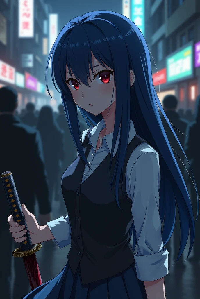 Anime style. A girl with long blue hair, a side bang above her red eyes, a serious expression in a school uniform, a white dress blouse with one button unbuttoned with a vest over it, her sleeves rolled up to her elbows. The girl was on the street walking in the middle of a crowd, going almost unnoticed on a dark night, she was holding a katana in her hand, the blade was stained with blood and it seemed like a dark aura was emanating from her.