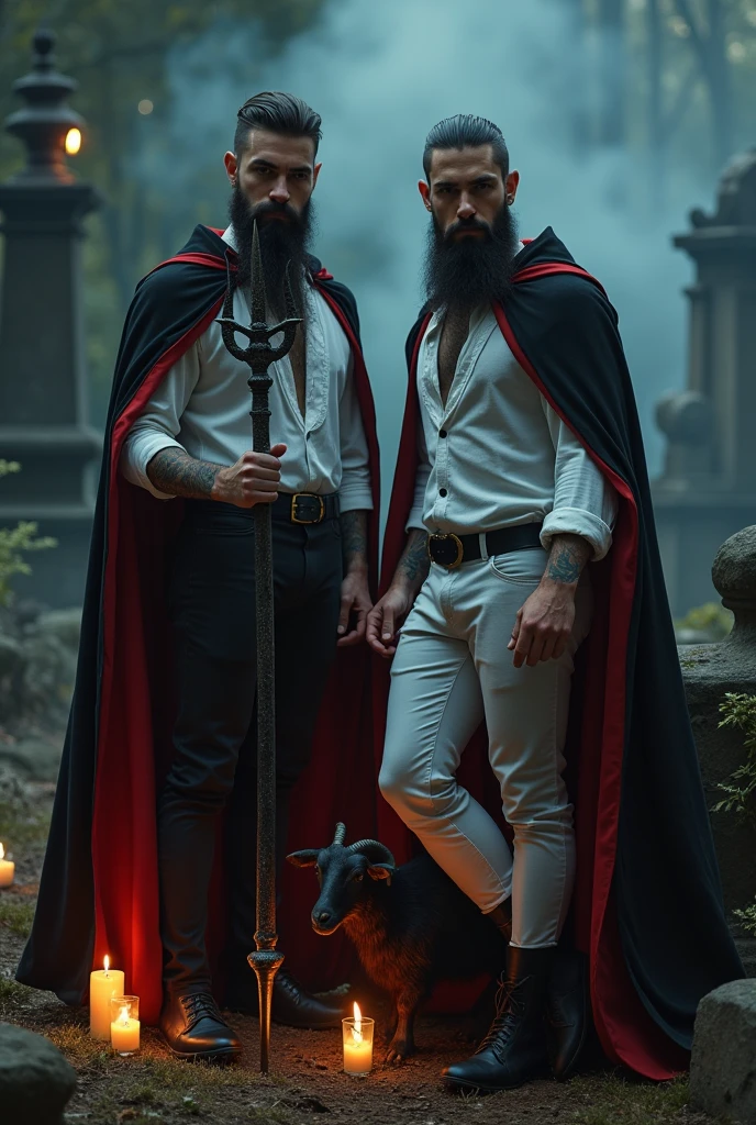 2 Handsome Men with Beards, tattooed. black and red cape. White pants and shirt, walking stick, trident, cemetery, lit candles, fire, black magic book, levitating, black goat, black and gold hat galley