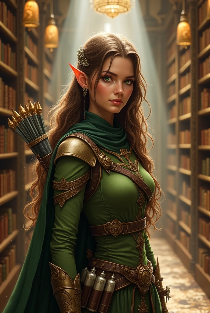 An archer with brown hair and green eyes, she has a belt with healing potions, a dagger and a small light crossbow She wears light armor with olive green and gold colored garments.
She is standing inside the library