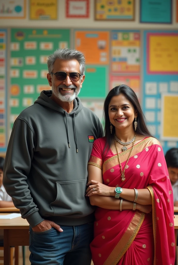 Mature male character with a hoodie and sunglasses looking straight into the camera with a happy face standing in classroom creat with a sexy school teacher in a traditional saree
