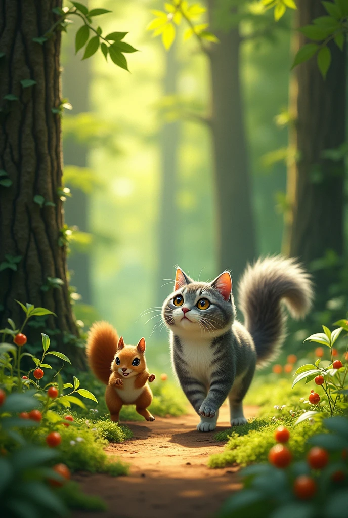 The gray white cat Next, Whiskers encountered a playful squirrel named Nutty, who challenged her to a game of tag among the trees. They raced around, laughing and tumbling, while Nutty showed her the best spots to find acorns and berries.
