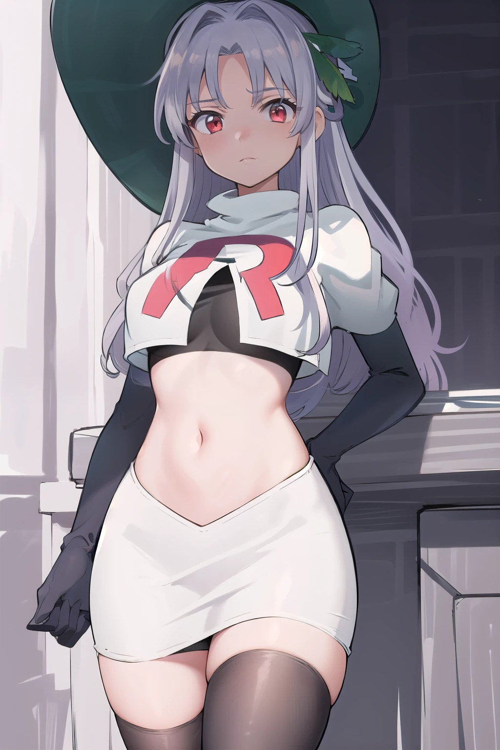 best quality, (masterpiece:1.2), illustration, absurdres,
(1girl, solo), (beautiful detailed girl),
Aeolia, lilac hair, long hair, red eyes, medium breasts,
green hat, hat with feather ornament, team rocket,team rocket uniform,white skirt,red letter R,crop top,black thigh-highs,black elbow gloves
looking at viewer,