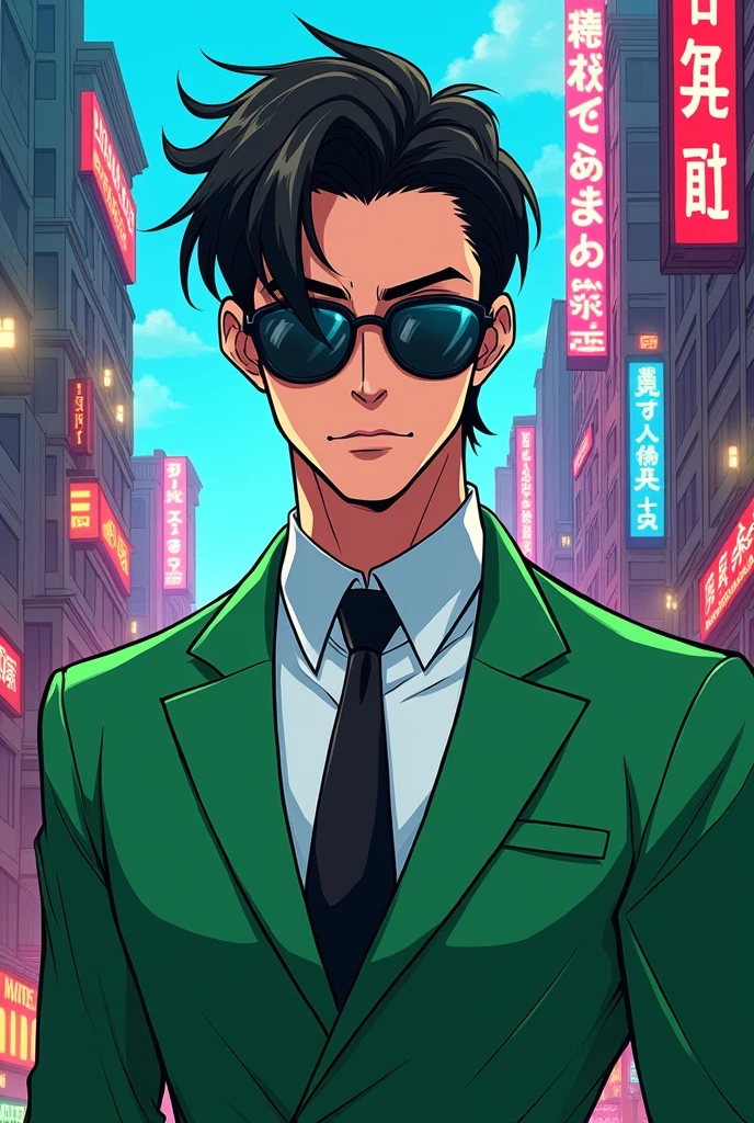 I want you to create an image of agent six from the generator rex series, a 32 year old asian guy,with green suit,White shirt,sunglasses, negro,black hair,you can&#39;t see his eyes because of his sunglasses,in the drawing version of Bl,anime manhua Omega verse series Omega 