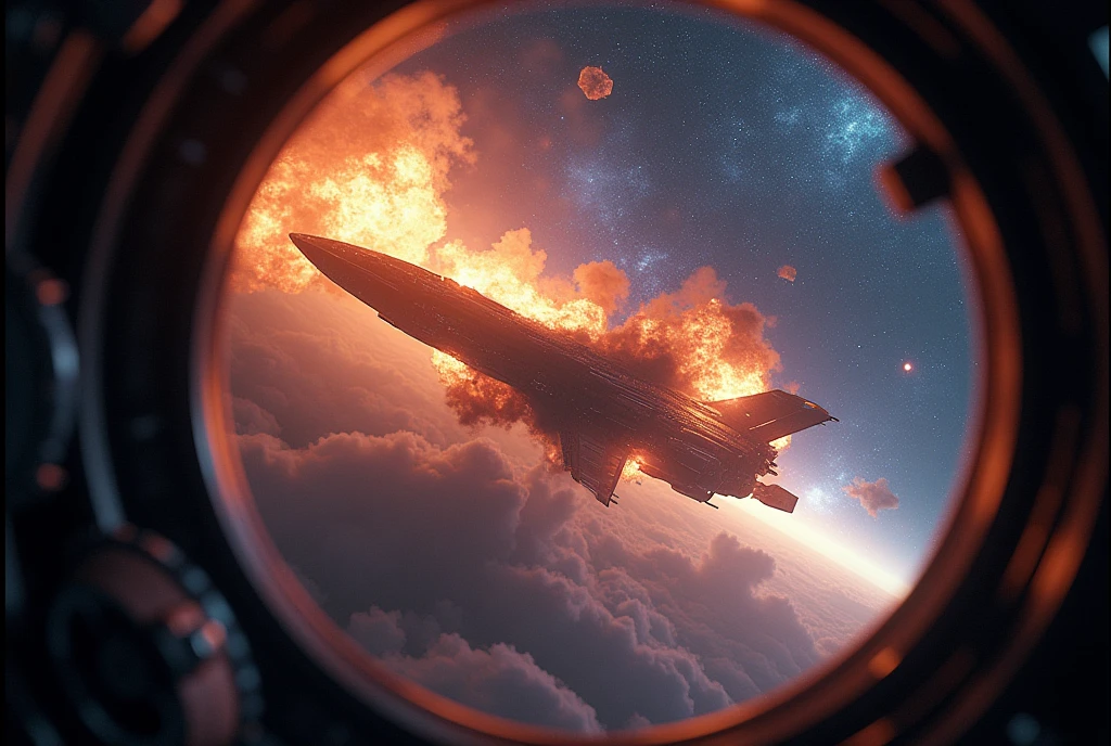 ((starry sky)), a burning spaceship, realistic sci-fi art, ((view through a glass)), hyperrealistic photorealistic, 8k, highly detailed, cinematic lighting, dramatic colors, intricate details, volumetric fog, depth of field, cinematic composition, dramatic atmosphere, stunning vista, epic scale, mind-blowing, awe-inspiring