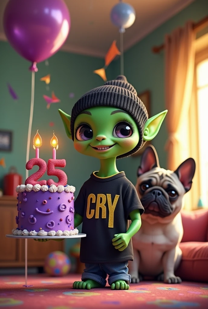 small green male alien with cute face, dressed in a black beanie and a black t-shirt with the name CRY on it and carrying a purple 25th birthday cake with intricate, animated details, accompanied by a bald Egyptian cat and a pug dog