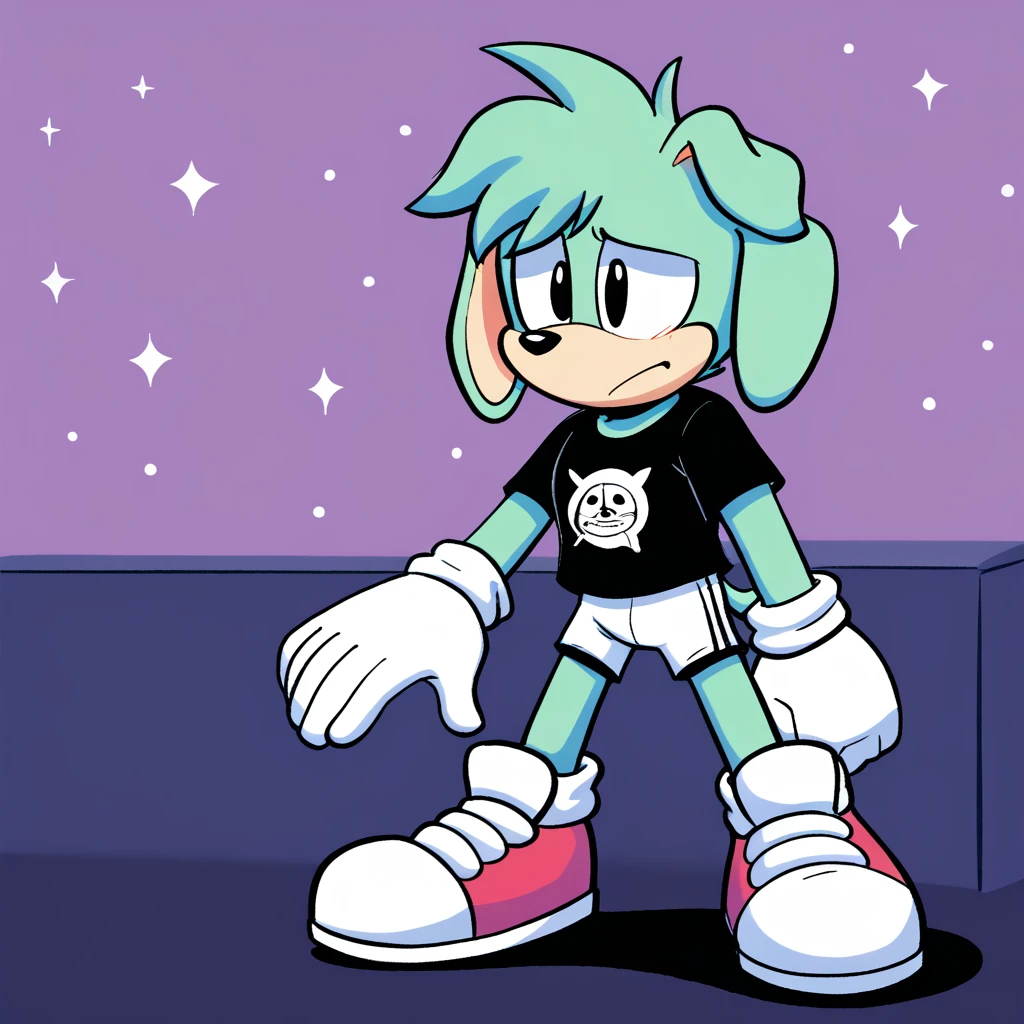 The image depicts a cartoonish anthropomorphic character with a long, slender body. The character is wearing a black T-shirt, white underwear, and large white shoes. Interestingly, the character's head is not attached to its neck; instead, it is being held up by the character's left hand. The head resembles that of a dog with large, floppy ears and a somewhat sad or bored expression. The background is a solid blue color with lighter blue star-shaped highlights. The overall style is reminiscent of a modern, simplistic cartoon.