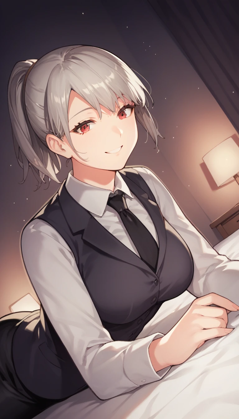 score_9, score_8_up, score_7_up, source_anime, 1girl, red eyes, room, wariza, short haircut, ponytail, grey hair, smile, portrait, blazer, starshadowmagician, solo, Adult woman, best perfect anatomy, thin, curvy body, medium breasts, curvy body, close up shot on person, a woman showing happy, (lying down, hand between her legs), accidentally selfie, mature woman laying prone on bed, white shirt, black tie, black format vest, Long-sleeved shirt, black trousers, dynamic angle, dark background, night days, hotel bedroom background, 