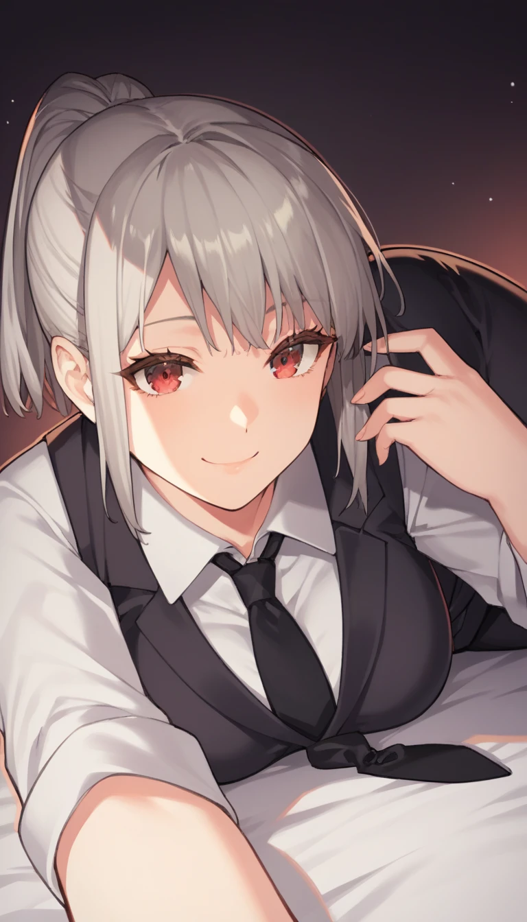 score_9, score_8_up, score_7_up, source_anime, 1girl, red eyes, room, wariza, short haircut, ponytail, grey hair, smile, portrait, blazer, starshadowmagician, solo, Adult woman, best perfect anatomy, thin, curvy body, medium breasts, curvy body, close up shot on person, a woman showing happy, (lying down, hand between her legs), accidentally selfie, mature woman laying prone on bed, white shirt, black tie, black format vest, Long-sleeved shirt, black trousers, dynamic angle, dark background, night days, hotel bedroom background, 