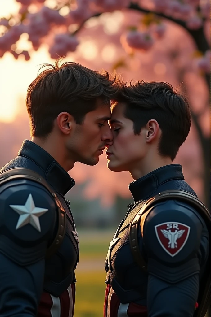 You could make Steve Rogers kissing an 18 year old boy a little shorter than him, The 18-year-old boy is brown-haired, green-eyed and skinny and he cries