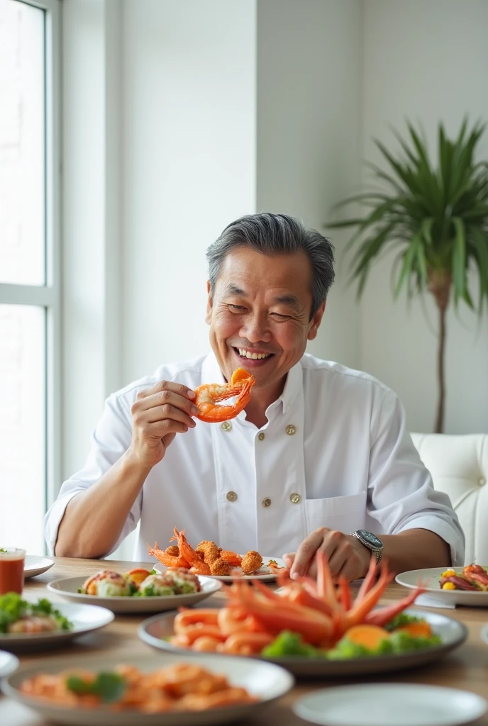 A middle-aged asia man is enjoying a meal of shrimp and other seafood in a room with a white color scheme. The man has a warm and content expression as he eats. The seafood is presented on a table with various plates and dishes. The room is bright, modern, and minimalistic, with white walls and furniture that adds to the overall clean and crisp atmosphere. The image is vertically oriented, with a size of 1080x1920 pixels.