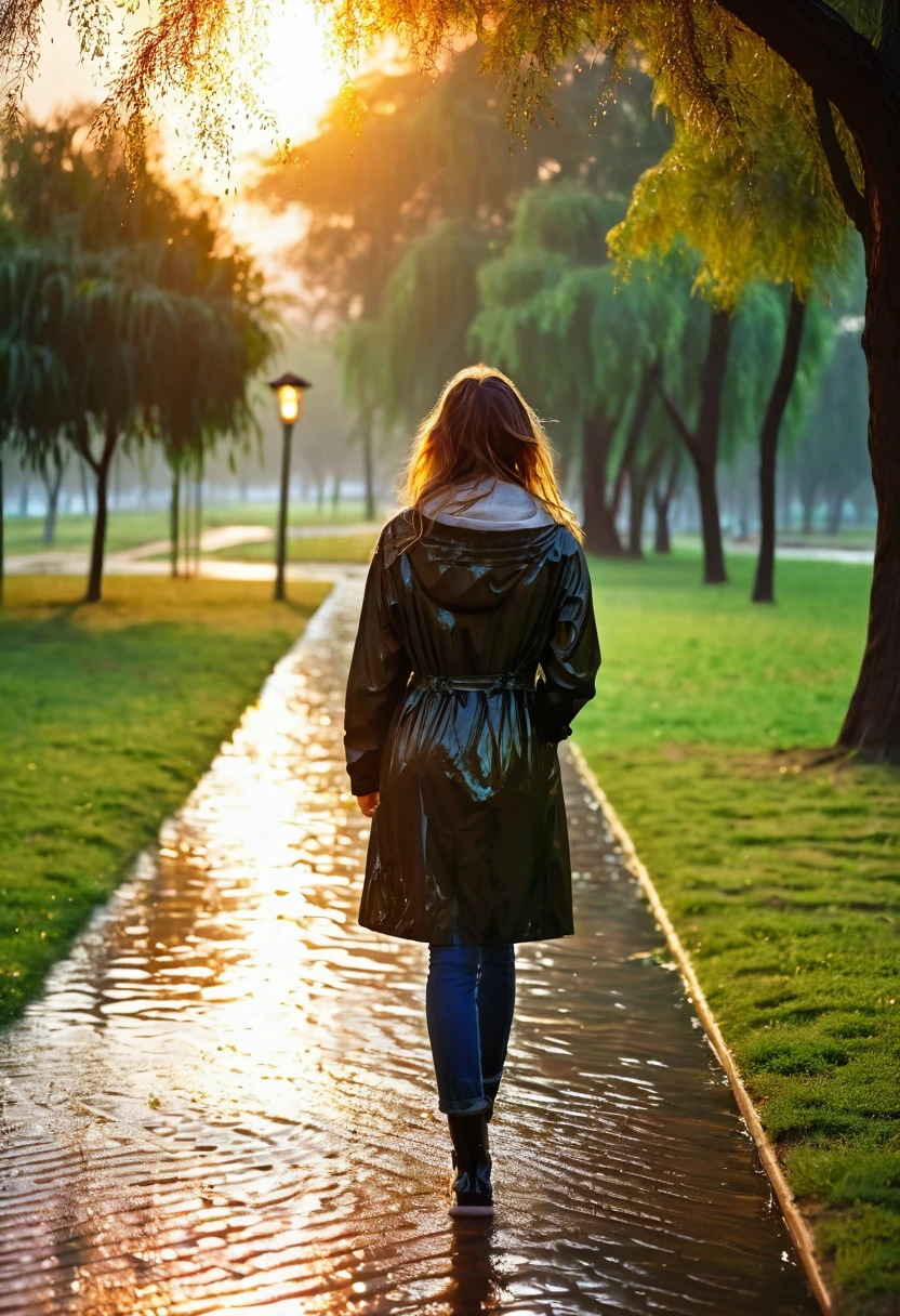beautiful girl walking in a park, facing the canara, In the sunset, wet, Raining, (realistic photo)