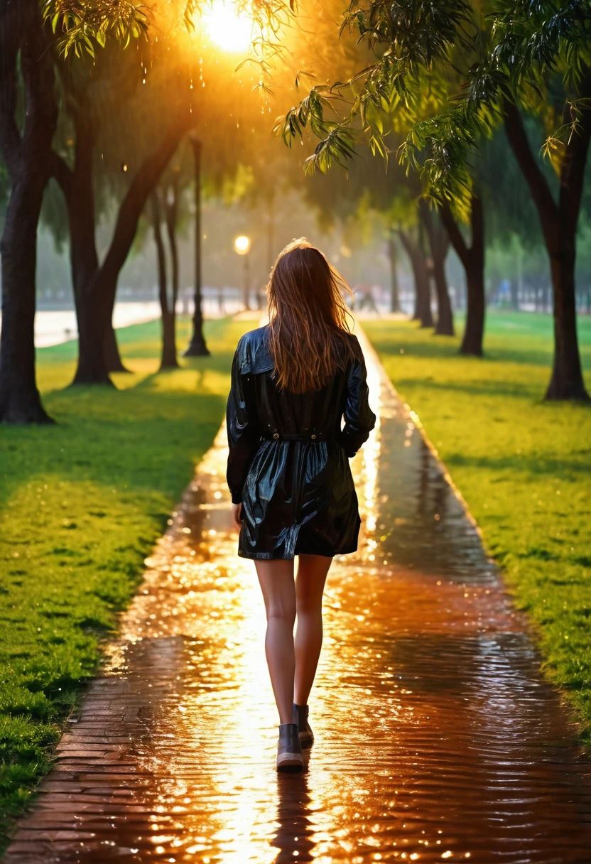 beautiful girl walking in a park, facing the canara, In the sunset, wet, Raining, (realistic photo) 