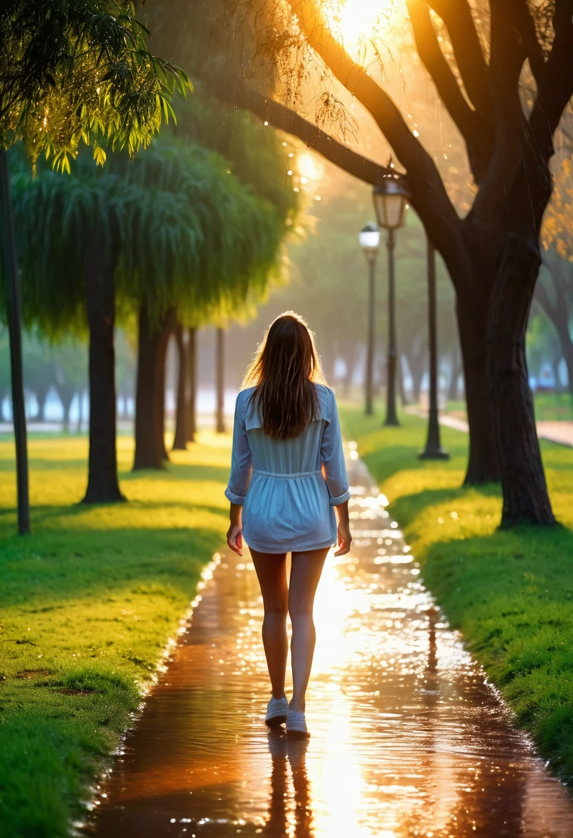 beautiful girl walking in a park, facing the canara, In the sunset, wet, Raining, (realistic photo) 