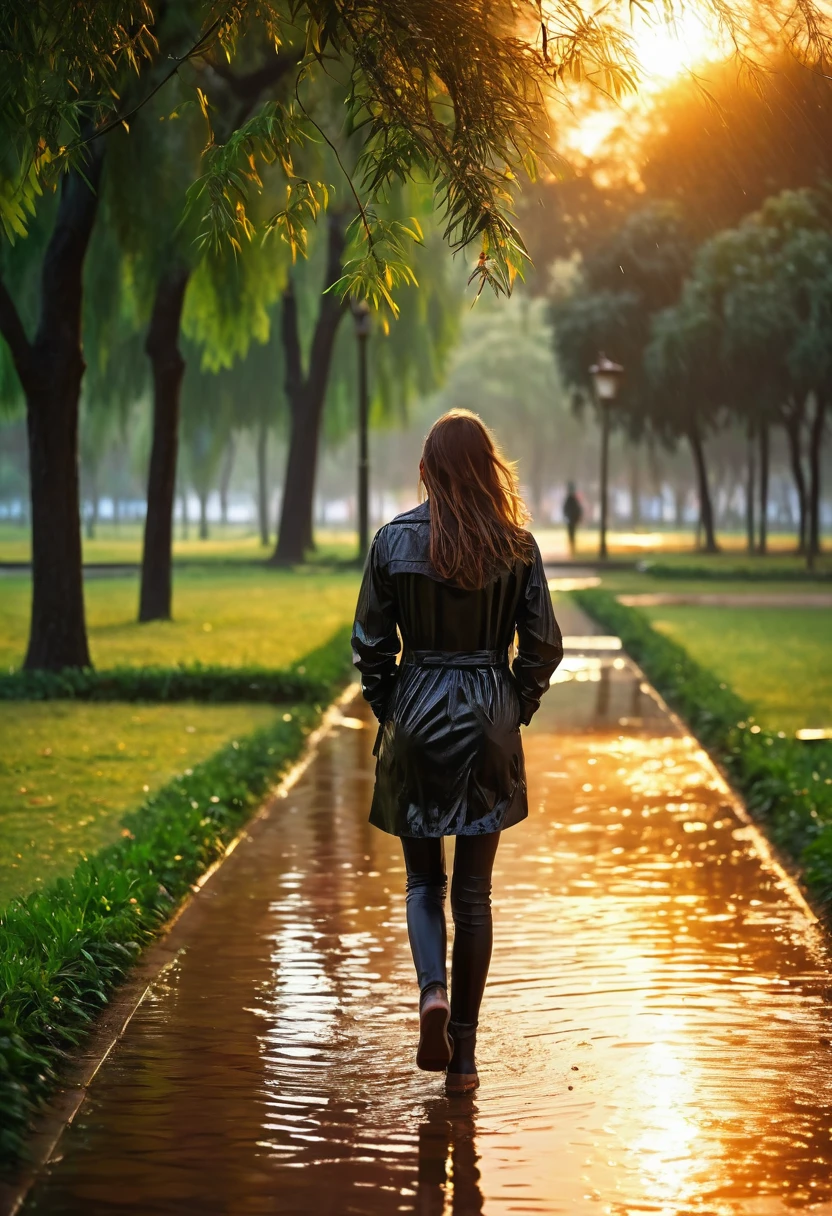 beautiful girl walking in a park, facing the canara, In the sunset, wet, Raining, (realistic photo) 