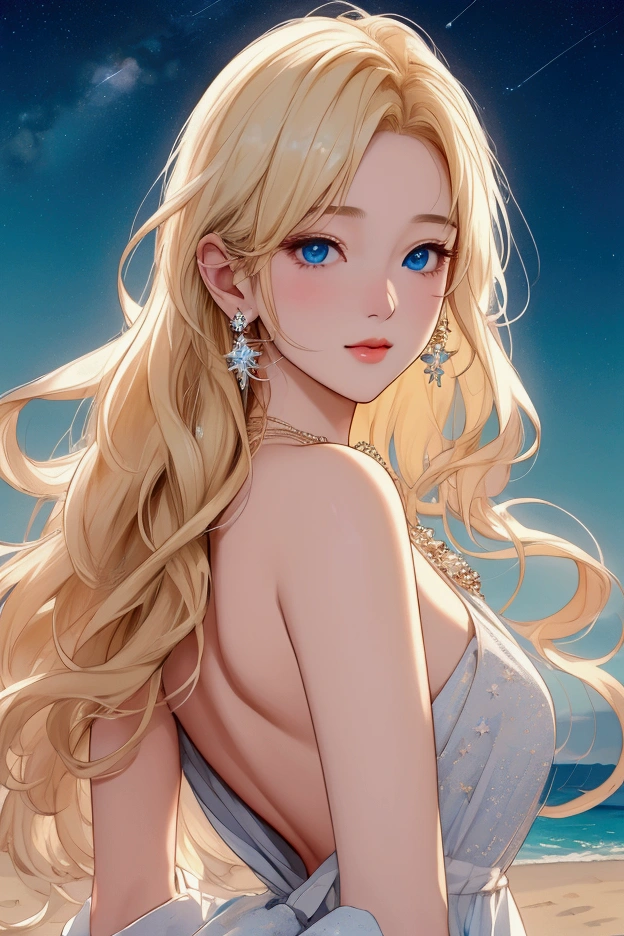 (masterpiece、Highest quality、8k、High resolution)、(The best beautiful girl)、Best Style、(The most beautiful face)、Clear skin、Clean blue eyes、Beautiful lips、Beautiful nose、Blonde Hair、Ample breasts、Walking on the sand、look back、The line of the buttocks is round and beautiful.、Ocean、You can see the forest、A bright night with stars visible、Beautiful starry sky、milky way、(体whole bodyから神秘的な光の粒子、Colorful Light)、The face looks beautiful、(jewelry、necklace)、dress、(whole body)、Highly detailed anime art、A complete portrayal、