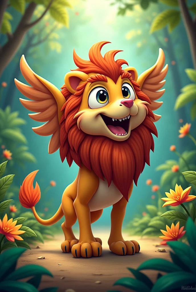 Draw a cartoon animal which have a head wing and eye as an eagle, Have a tail of a shark, have body and leg as a lion.