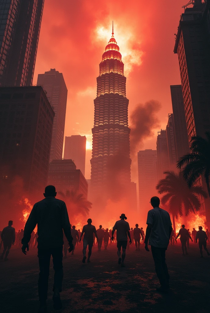 a zombie apocalypse in Kuala Lumpur,KLCC building in the background,hordes of zombies chasing after terrified humans running for their lives,highly detailed, dark and gritty atmosphere, cinematic lighting, dramatic 1000 zombie running crowded at klcc,tilt shift photography,cinematic. Bomb everywhere. ,highly detailed,photorealistic,8k,masterpiece,upper view.red sky. Drone footage. Burning fire building.. best quality,professional,bomb effect. Zombie apocalypse. cinematic lighting,moody atmosphere,dramatic shadows,surreal,apocalyptic,dark fantasy,subtle color palette,muted tones,grungy,eerie,unsettling,horror,dystopian, photorealistic,8k,HDR,ultra-detailed