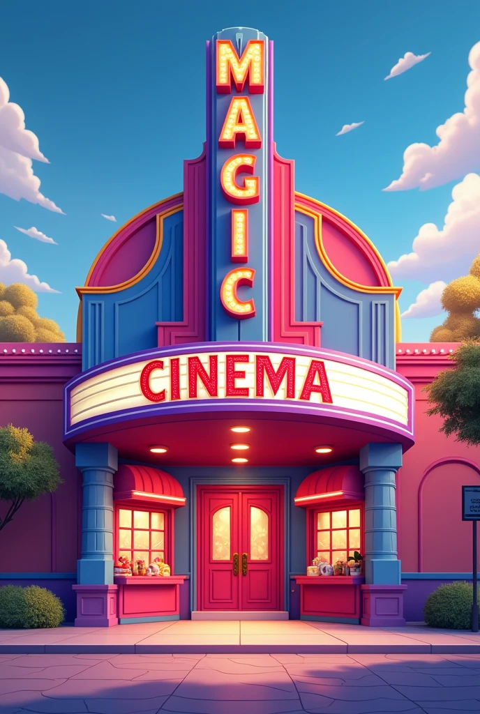 make the outside of a cinema. that it is called MAGIC CINEMA that it is cartoonish, that only the front part is visible. Let nothing cover it, that has the entrance in the middle, the ticket office where they sell the tickets on the right side, and the food on the left side, that are in the shape of a window, that is cute and eye-catching, that is elegant and with a high or striking structure (that MAGIC is vertical and CINEMA is horizontal