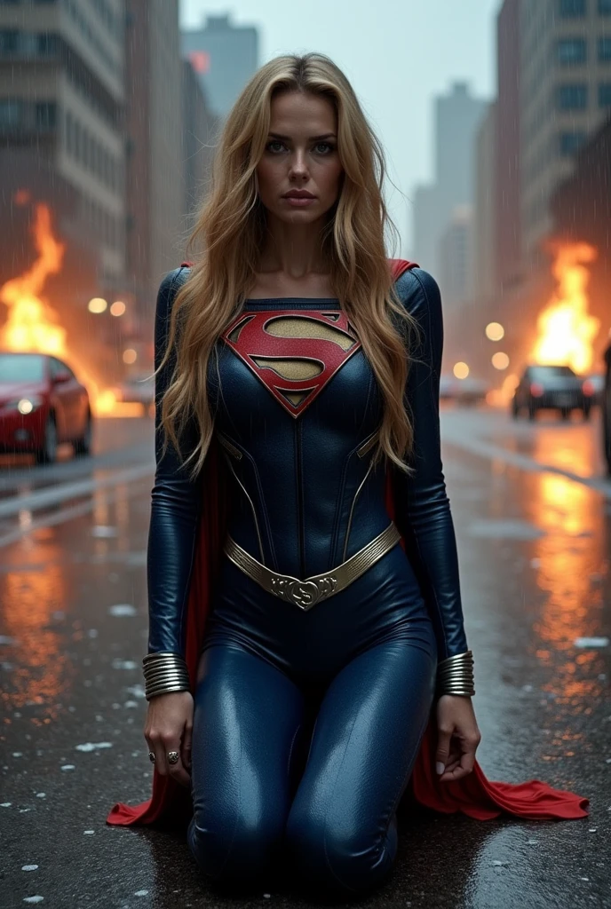 A beautiful woman Gaia Weiss under the mantle of the Kryptonian Kara Zor-El aka Supergirl long blonde hair on her knees screaming exhausted after a battle blood around her blue corset with Superman emblem Man Of Steel Movie (((One-piece suit in blue leather combined with black and red))) red cape red boots with white trim reflection of it apocalyptic and rainy city cars and buildings on fire terrifying and bloody images DC universe logo voluptuous and sensual body silver metallic bracelets