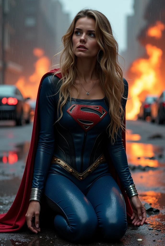 A beautiful woman Gaia Weiss under the mantle of the Kryptonian Kara Zor-El aka Supergirl long blonde hair on her knees screaming exhausted after a battle blood around her blue corset with Superman emblem Man Of Steel Movie (((One-piece suit in blue leather combined with black and red))) red cape red boots with white trim reflection of it apocalyptic and rainy city cars and buildings on fire terrifying and bloody images DC universe logo voluptuous and sensual body silver metallic bracelets
