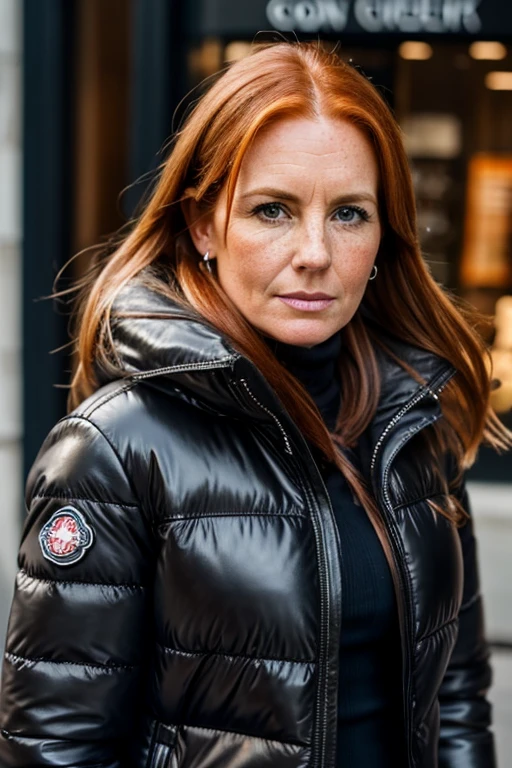 Medium view, of middle aged, 40 year old, mom, gilf, milf, face portrait, chubby, freckles, long ginger hair, black moncler puffer jacket, leather leggings, in Dublin 