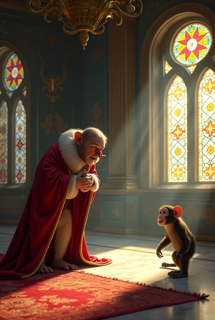 The King’s Shock and Pain: The king waking up in shock and pain, holding his nose where the monkey accidentally injured him. The monkey, realizing its mistake, looks shocked and regretful, standing back with wide eyes.