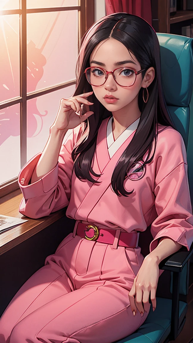 Japanese woman sitting on chair with glasses on her face, oculos de sol, wearing glasses, Urzan, woman with pink glasses, Lumrat currency, wearing glasses redondos grandes e finos, wearing glasses rosa, wearing small round glasses, retrato de Jiss Blackpink, jisoo blackpink, jisoo blackpink, square glasses, oculos de sol