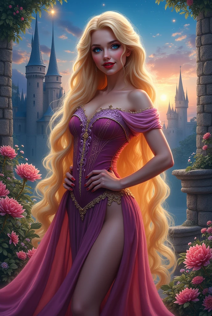 Dark Magician Girl dressed as Rapunzel. Her hair is long and blonde. Her hair reaches her feet. has blue eyes. Red lips. breasts big. nice legs. Sensual and seductive pose. fairy tale background.