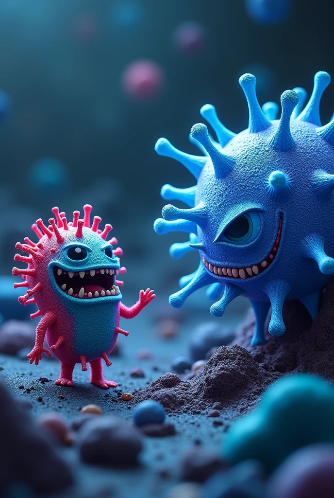 A menacing-looking virus is trying to infiltrate a body cell. La T cell está a punto de atacar al virus. T cell (color blue) and viruses (with an evil and mocking design style) (cheered up)