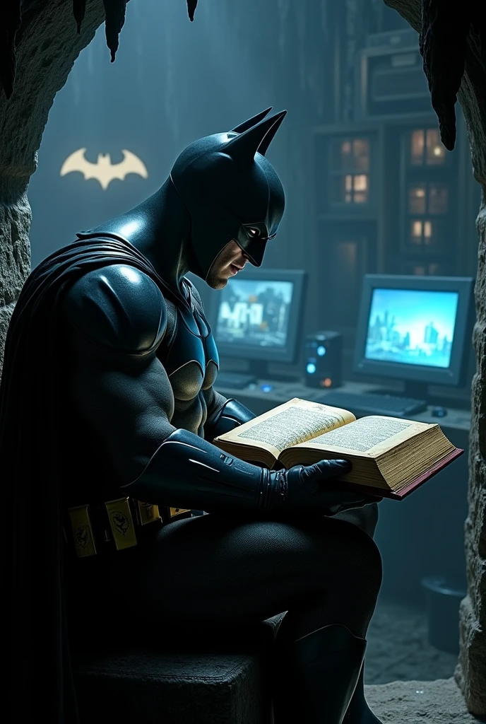 Arkham Origins muscular Batman reading a book in the Batcave