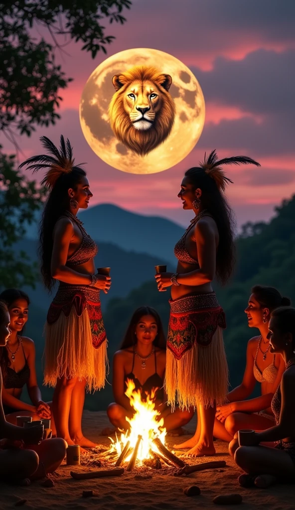 Visualize a scene of a mystical ritual performed at dusk. Two women are standing, conducting the ritual in front of a live fire. They are dressed in elaborate mystical costumes, with details that reflect Mayan culture. around the campfire, other women are sitting in a circle, each holding a cup. All participants display expressions of contentment and reverence. in the sky, that is changing color with the sunset, the moon is clearly visible and within it THERE IS A GOLDEN LION COMING OUT OF IT, HEAD OF THE BIG LION COMING OUT OF THE MOON, SYMBOLIZING MYSTIC, representing the astrological sign. The scene captures the essence of a Mayan cacao ritual, highlighting the unity and spirituality of the group in an enchanting natural environment.