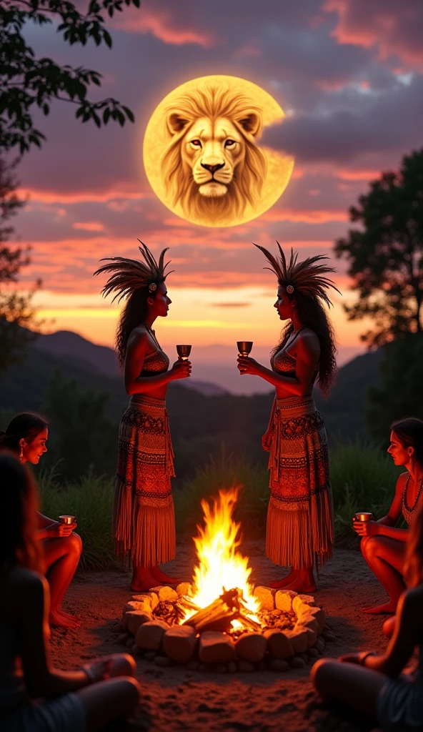 Visualize a scene of a mystical ritual performed at dusk. Two women are standing, conducting the ritual in front of a live fire. They are dressed in elaborate mystical costumes, with details that reflect Mayan culture. around the campfire, other women are sitting in a circle, each holding a cup. All participants display expressions of contentment and reverence. in the sky, that is changing color with the sunset, the moon is clearly visible and within it THERE IS A GOLDEN LION COMING OUT OF IT, HEAD OF THE BIG LION COMING OUT OF THE MOON, SYMBOLIZING MYSTIC, representing the astrological sign. The scene captures the essence of a Mayan cacao ritual, highlighting the unity and spirituality of the group in an enchanting natural environment.