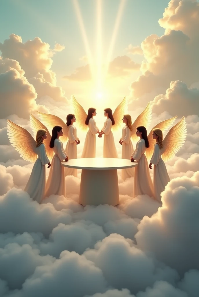 The ground is covered with a sea of clouds, making it a heavenly place.。
There is a cylindrical desk in the middle.、
Seven angels, both male and female、
Standing、Surrounding the desk。
Two of them are married、Shoulder to shoulder。