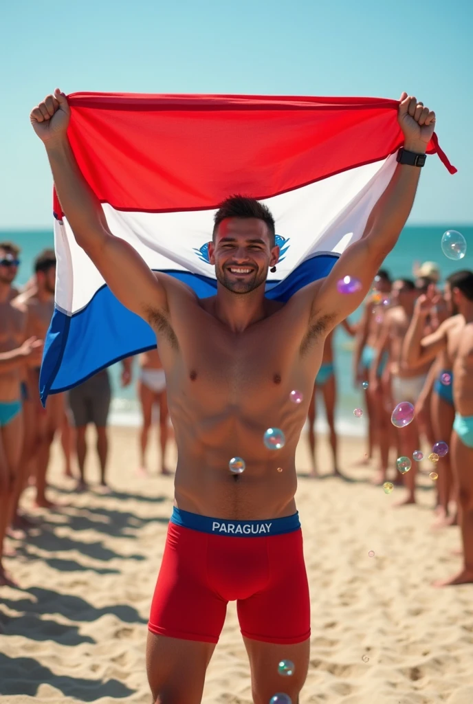 young, beautiful, elegant, white, skinny, elegant shirtless face standing, ,sin remera en la playa boxer Rojo white y azul playera y una bandera Paraguay que lleva mientras muchos publico le aplaude y celebra con muchas burbuja en su alrrededor pasarela masculino