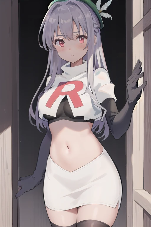 best quality, (masterpiece:1.2), illustration, absurdres,
(1girl, solo), (beautiful detailed girl),
Aeolia, lilac hair, long hair, red eyes, medium breasts,
green hat, hat with feather ornament, team rocket,team rocket uniform,white skirt,red letter R,crop top,black thigh-highs,black elbow gloves
looking at viewer,