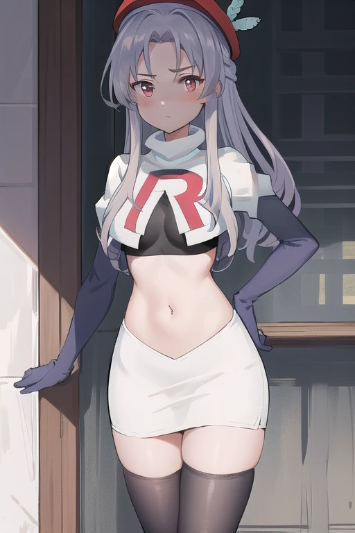 best quality, (masterpiece:1.2), illustration, absurdres,
(1girl, solo), (beautiful detailed girl),
Aeolia, lilac hair, long hair, red eyes, medium breasts,
 green hat, hat with feather ornament, team rocket,team rocket uniform,white skirt,red letter R,crop top,black thigh-highs,black elbow gloves
looking at viewer, 