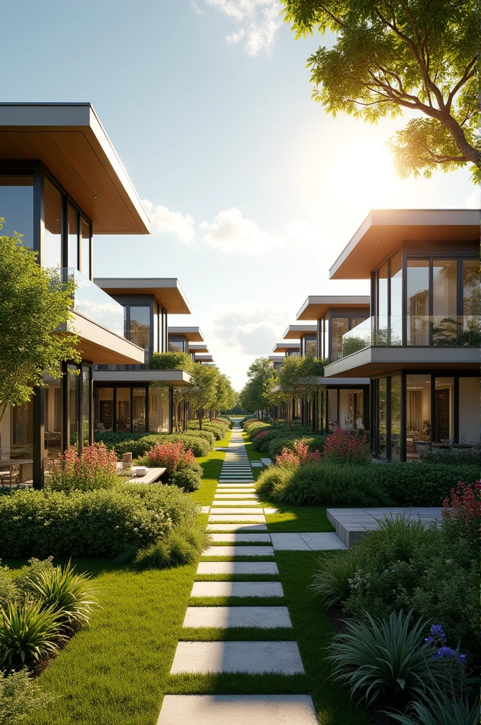A high-quality panoramic image or rendering of the residential complex, Showing the homes surrounded by green areas and modern design.