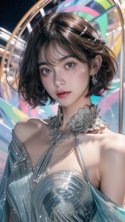(whole body:1.3), (masterpiece:1.3), (8K, Reality, RAW photos, best quality: 1.4), Japanese, (1 girl),25 years old, Pretty Face, (Realistic face), (Black Hair, short hair:1.3), Beautiful hairstyle, Realistic eyes, beautiful eyes, beautiful eyes, (Realistic skin), Beautiful Skin, attractive, Ultra HD, HD, close up, portrait, Golden Ratio, Detail production, Look at the bystanders, Smile, (Shoulder shape), Mid-chest, (Best quality), ((masterpiece))bust, Delicate face, Determined gaze, Expose bare shoulders,Delicate hands, A celestial being, Light Particles, Halo, Energetic, Colorful colors, (Bioluminescence),(Detailed composition), Movie Lighting