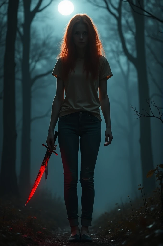 the shadow of a 20 year old girl, redhead, wearing jeans and a neutral colored t-shirt, with a dagger in his hand, There is red paint melting on the dagger, She is in the middle of the dark forest