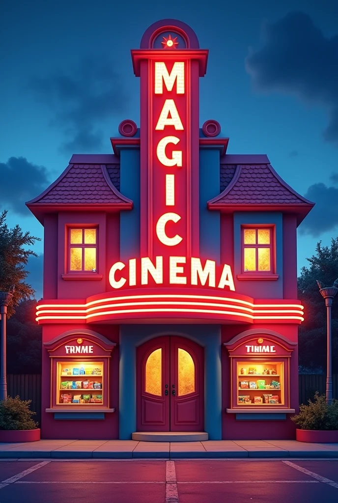 make the outside of a cinema. that it is called MAGIC CINEMA that it is cartoonish, that only the front part is visible. Let nothing cover it, that has the entrance in the middle, the ticket office where they sell the tickets on the right side, and the food on the left side, that are in the shape of a window, that is cute and eye-catching, that is elegant and with a high or striking structure (that MAGIC is vertical and CINEMA is horizontal