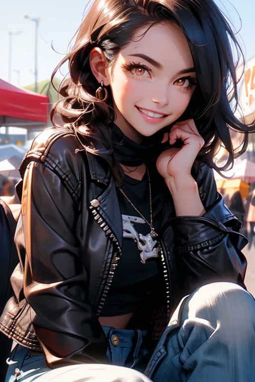Perfect face. Perfect hands. A black haired woman with orange eyes in a leather jacket and jeans is eating lunch in a farmer's market with a big smile