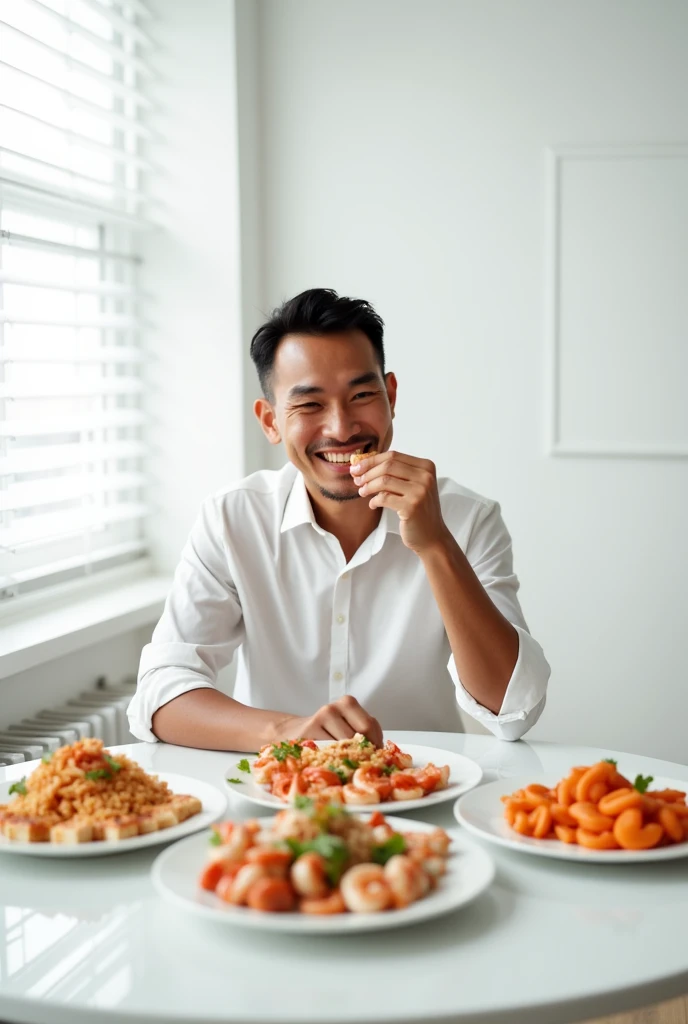 Asia man is enjoying a meal of shrimp and other seafood in a room with a white color scheme. The man has a warm and content expression as he eats. The seafood is presented on a table with various plates and dishes. The room is bright, modern, and minimalistic, with white walls and furniture that adds to the overall clean and crisp atmosphere. The image is vertically oriented, with a size of 1080x1920 pixels.