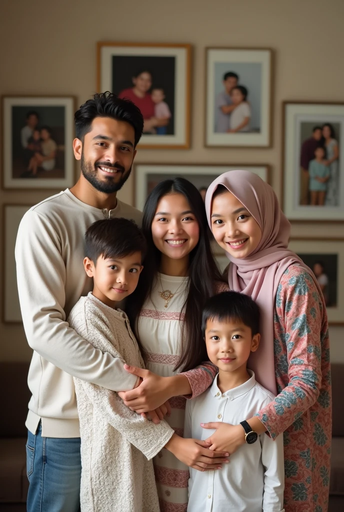family studio photo of 34 year old father with neat hair. mother age 33 wears hijab. 8 year old girl wearing hijab. 5 year old boy with neat hair. 3 year old girl wearing hijab