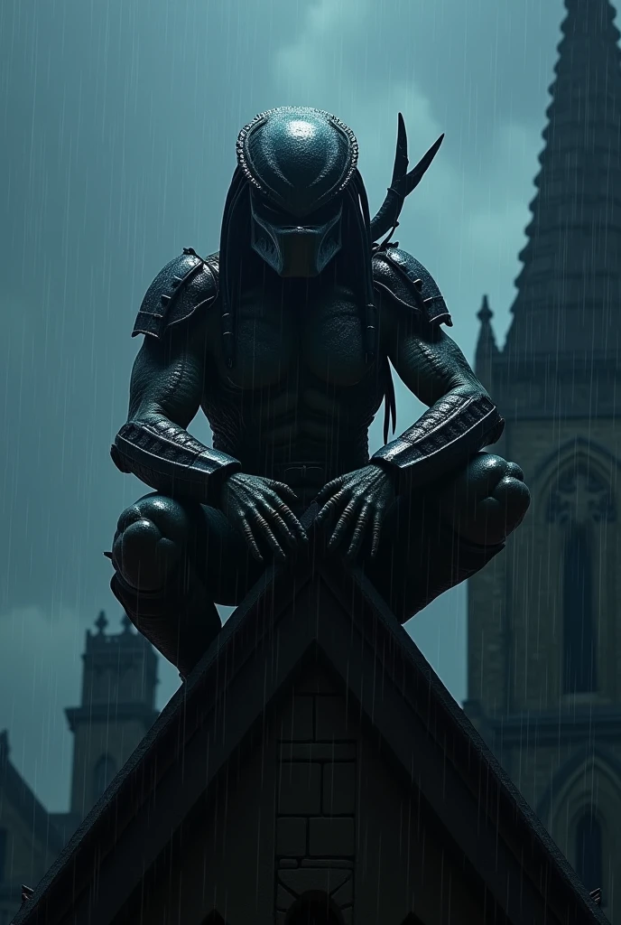 "An image of a Predator from the movie Predator, crouching on the tower of a church, with its arms resting on its knees and its right arm partially raised, showcasing its blades. It is a rainy day with the natural glow of the night."