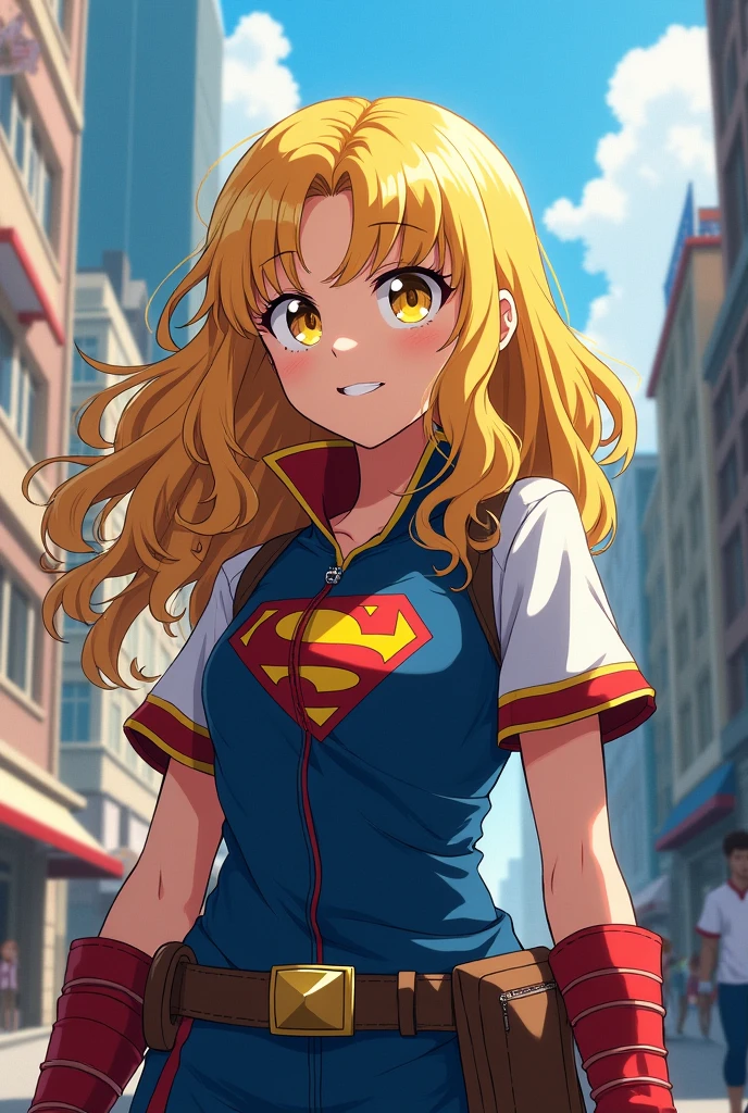 My hero academia style female character, by the wide, wavy hair and blonde hair, yellow and blue eyes, smiling slightly, with eyes resembling hawks